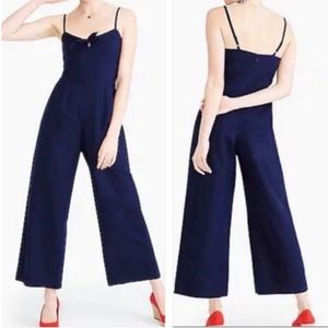 J Crew navy blue linen cotton bow tie wide leg jumpsuit